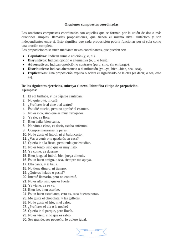 Ejemplos de oraciones coordinadas | PDF | Oración (Lingüística) | Cuchara