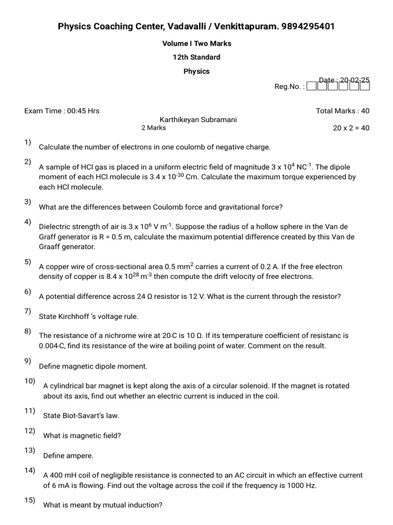 12th Grade Physics Exam Questions | PDF | Inductance | Inductor