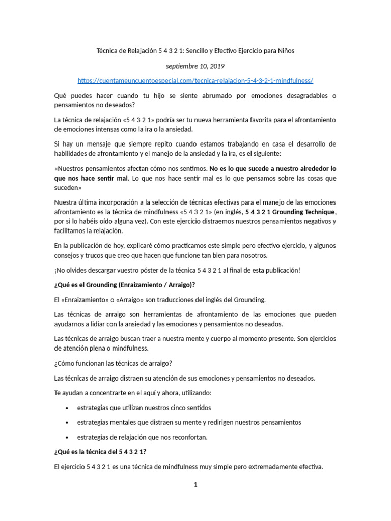 Técnica 5 4 3 2 1 para Niños | PDF | Atención plena | Las emociones