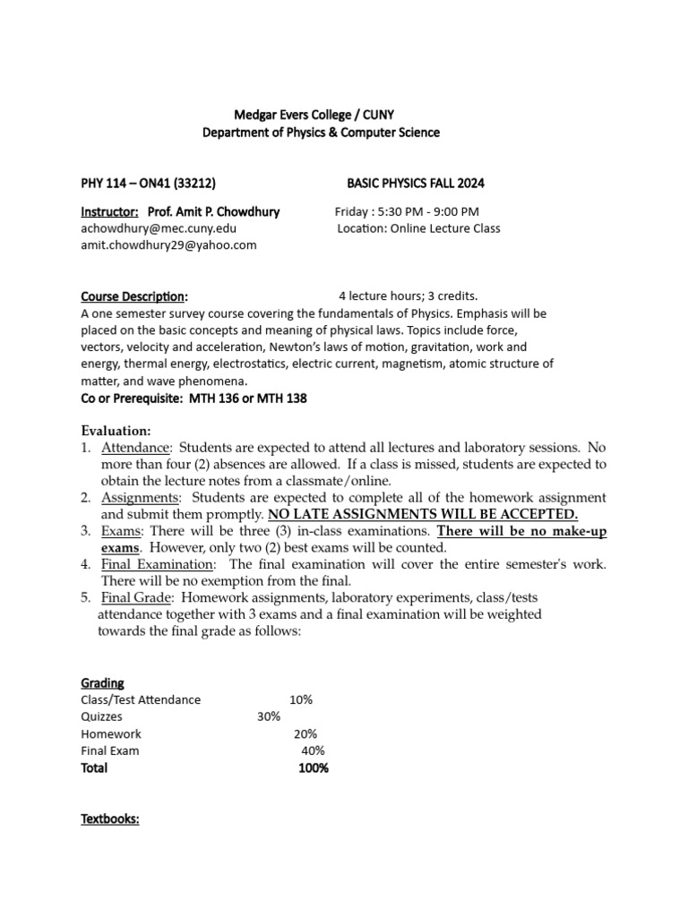 Basic Physics Course Syllabus Fall 2024 | PDF | Force | Waves
