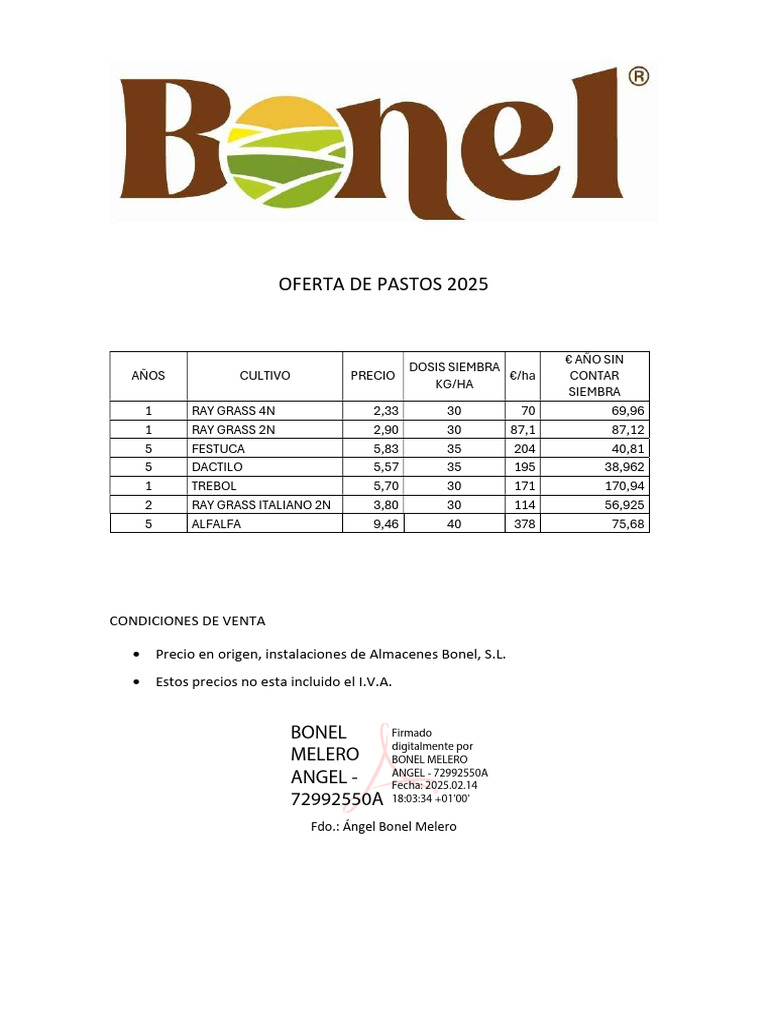 Oferta de Pastos 2025 en Almacenes Bonel | PDF