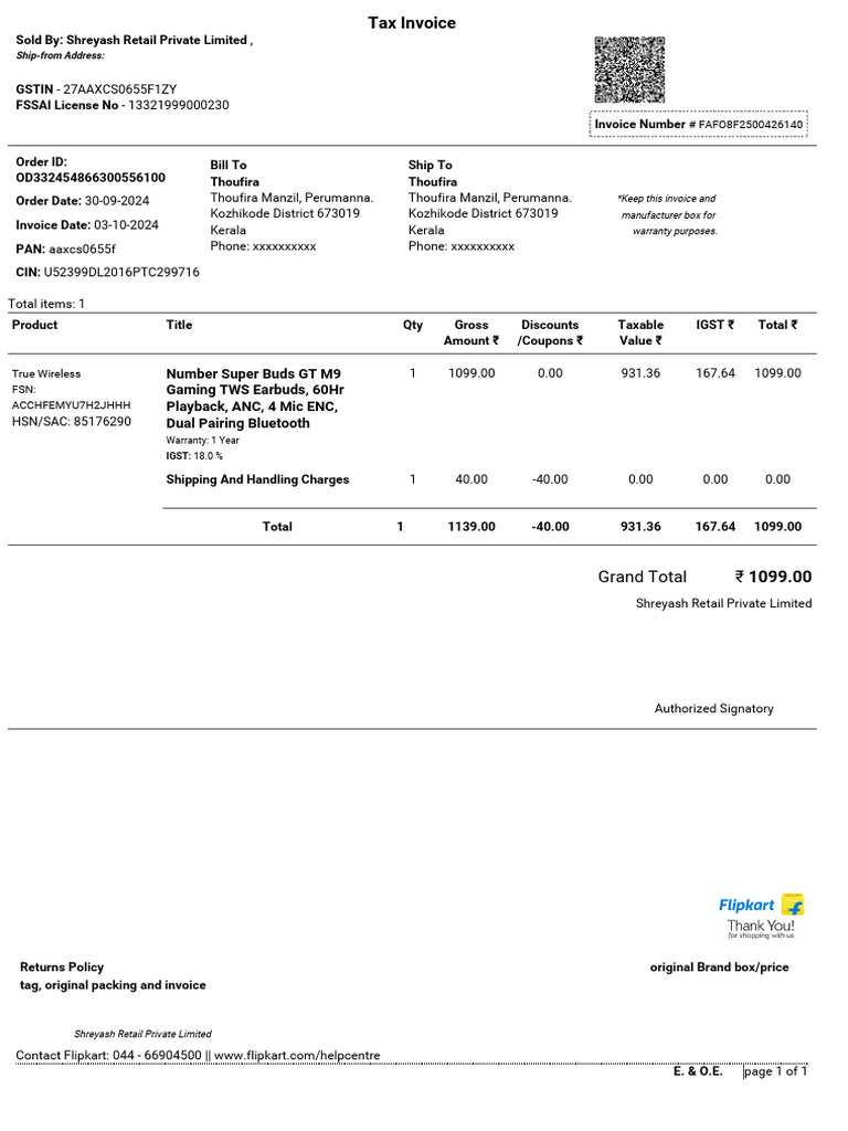 Invoice for True Wireless Earbuds Purchase | PDF | Payments | Taxes