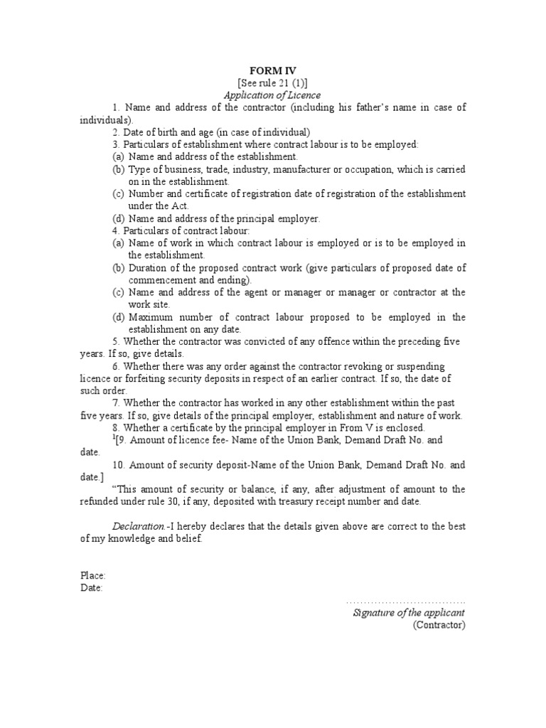 Form IV Application for Labour License | PDF | Law