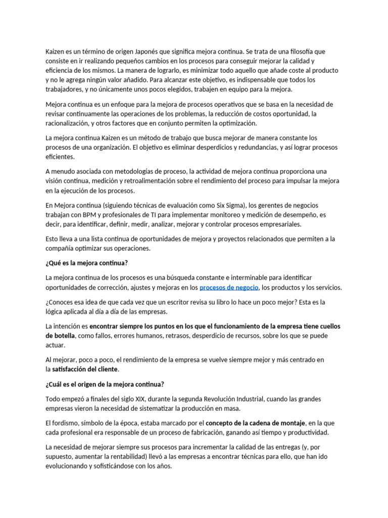 Kaizen: Mejora Continua en Empresas | PDF | Six Sigma | Business