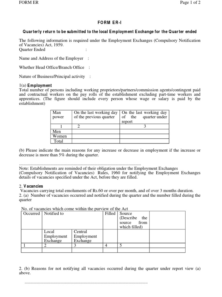 ER-1 Employment Exchange Return Form | PDF | Finance & Money Management