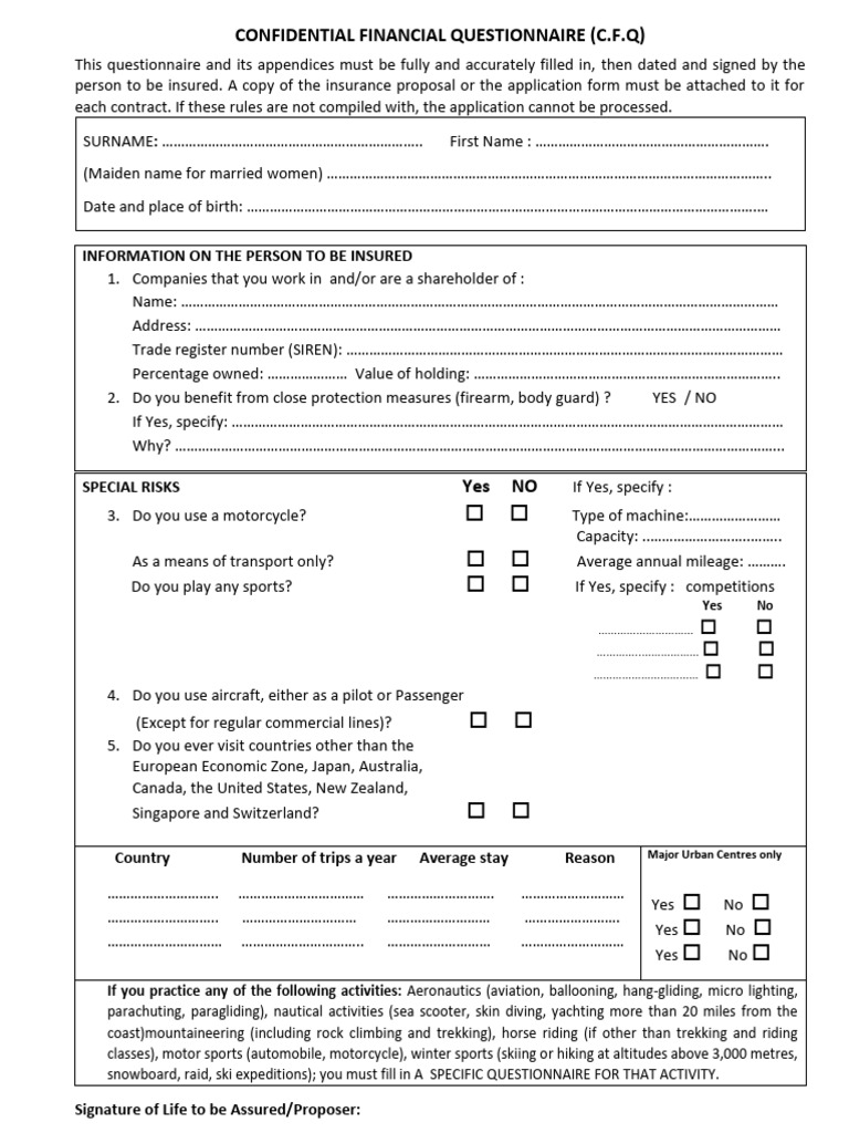 Confidential Financial Questionnaire | PDF | Insurance | Taxes