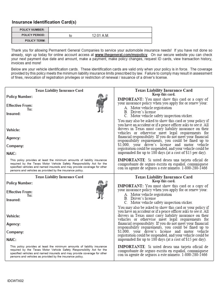 Texas Liability Insurance Card Details | PDF | Insurance | Identity ...