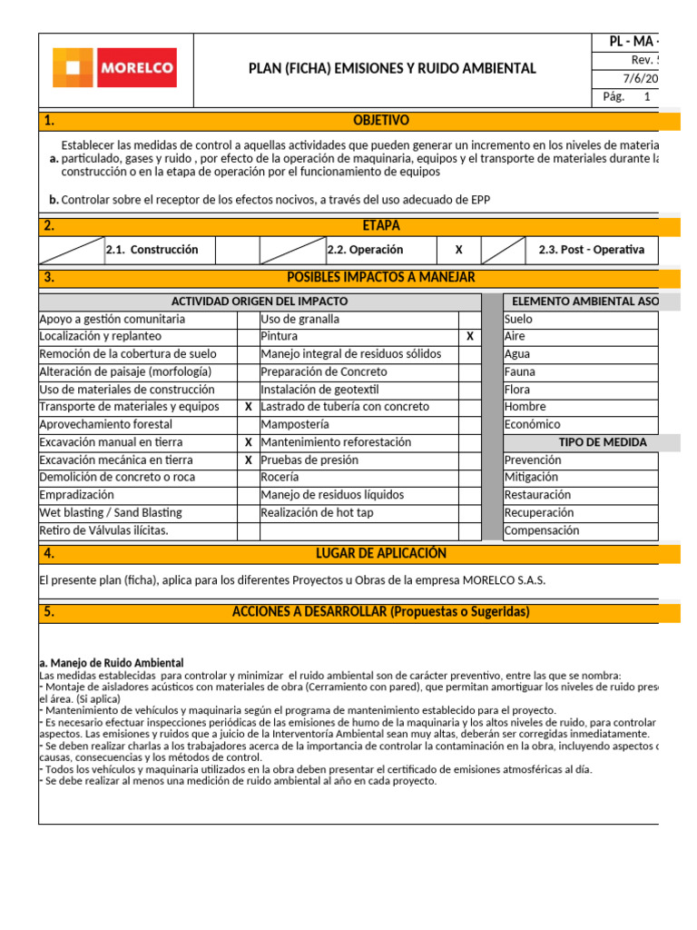 PL-MA-005 Manejo de Emisiones y Ruido Ambiental | PDF | ruido | Residuos