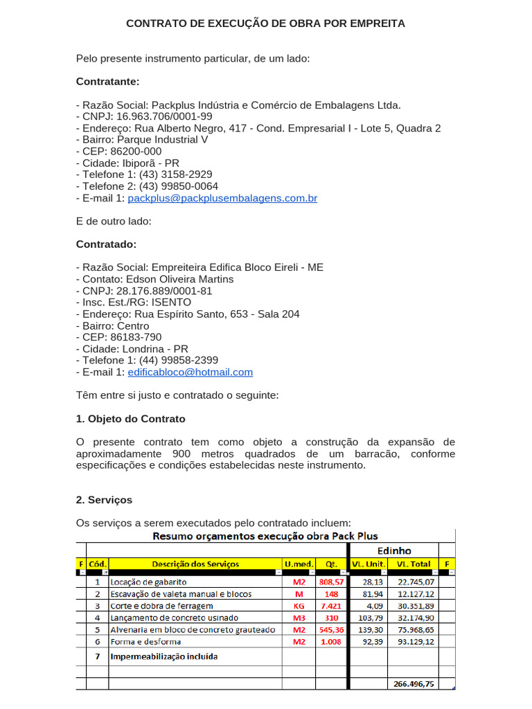 Contrato de Execução de Obra Por Empreita Pack Plus | PDF
