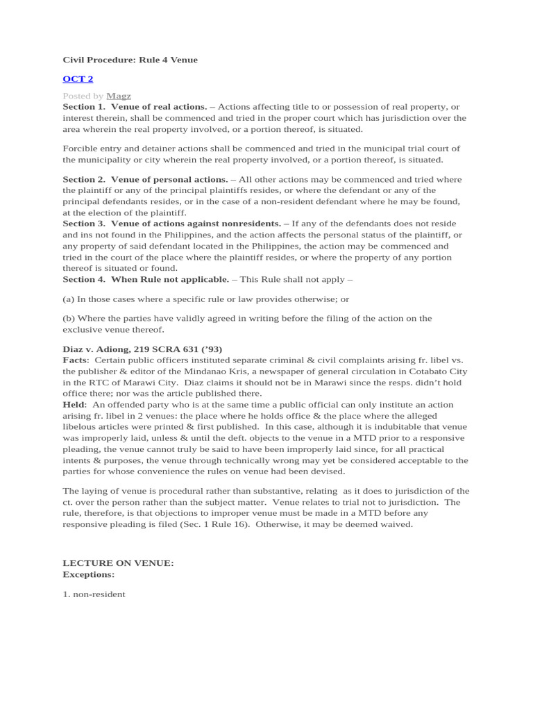Rule 4: Venue in Civil Procedure | PDF | Lawsuit | Plaintiff