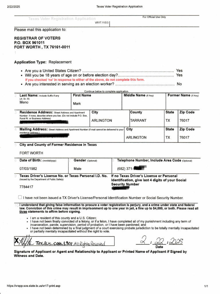 Voter's Registration Application With SF-181 and Attachments Mailed To ...