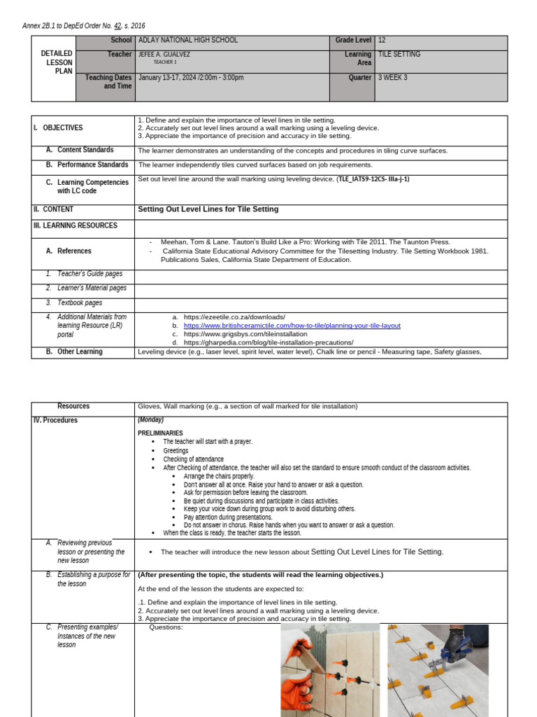 Tile Setting Lesson Plan for Grade 12 | PDF | Teachers | Tile