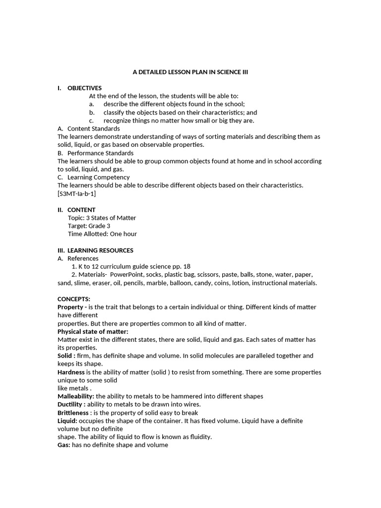 A DETAILED LESSON PLAN IN SCIENCE III. by Faith | PDF | Matter | Liquids