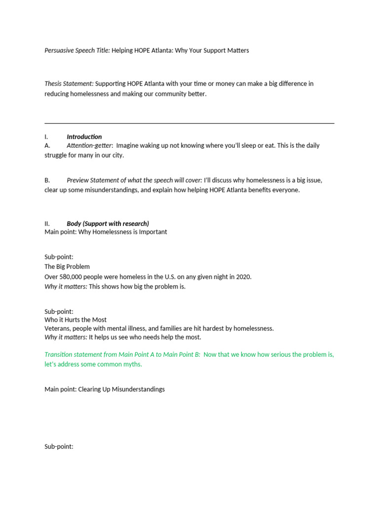 SPCH275 Persuasive Speech Outline Template+ | PDF | Homelessness ...