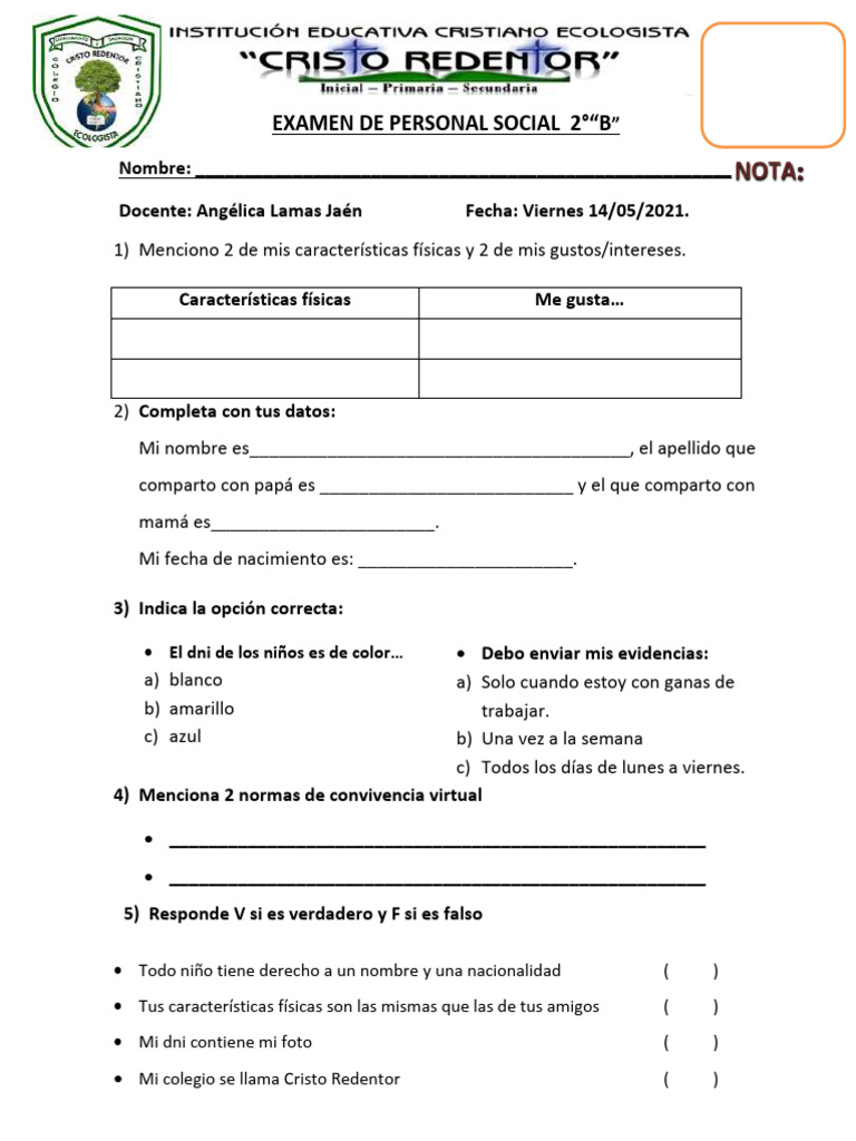 Examen de Personal Social 2°B | PDF