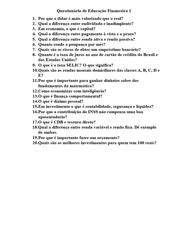 Questionário sobre Educação Financeira | PDF