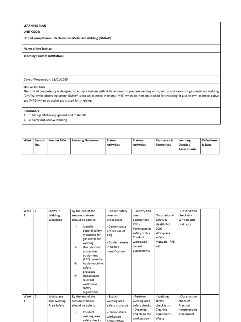 GMAW Welding Training Plan | PDF | Welding | Construction