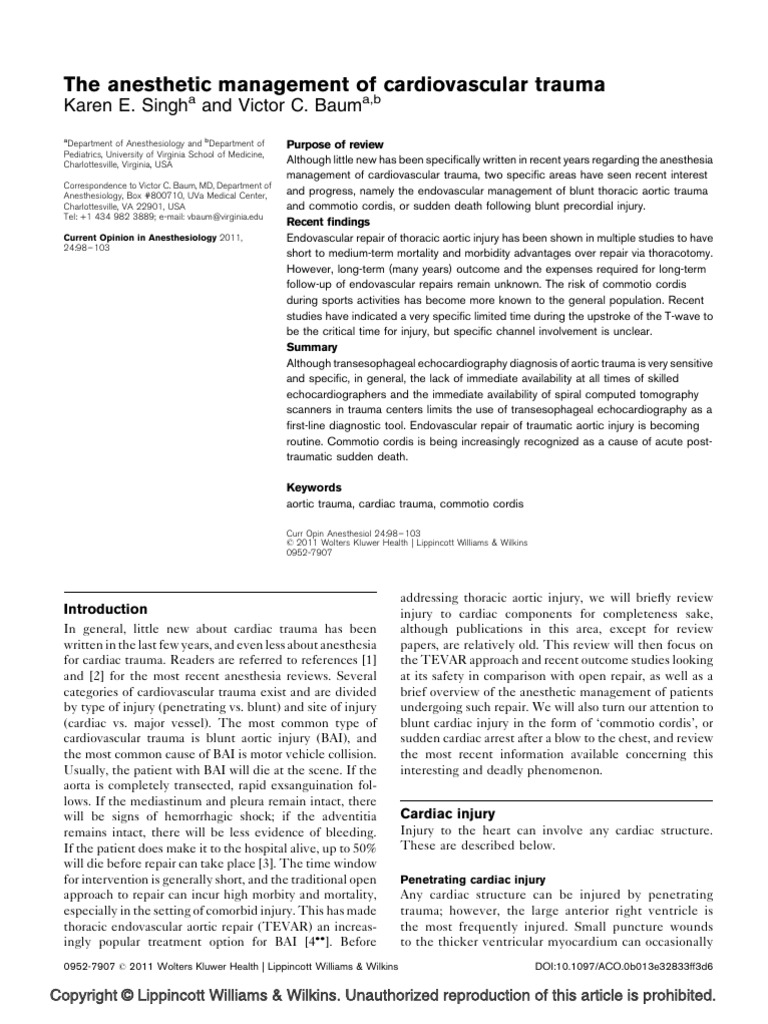 The Anesthetic Management of Cardiovascular Trauma | PDF | Coronary ...