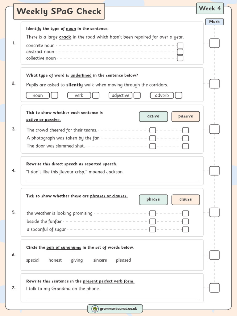 Week 4 SPaG Check: Nouns, Verbs, and More | PDF