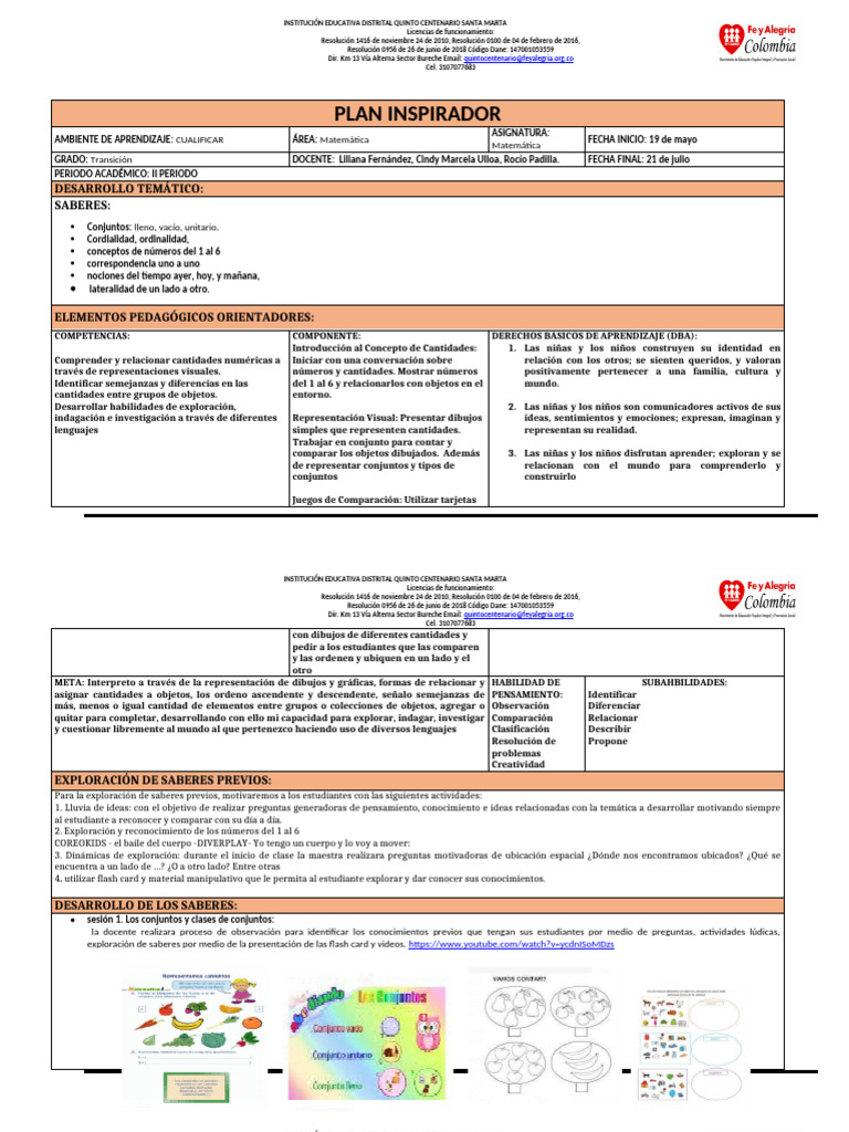 Plan Insipirador Matematica Transición | PDF | Cognición | Aprendizaje