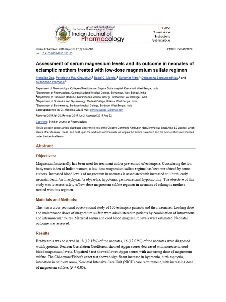 Assessment of Serum Magnesium Levels and Its Outcome in Neonates of ...