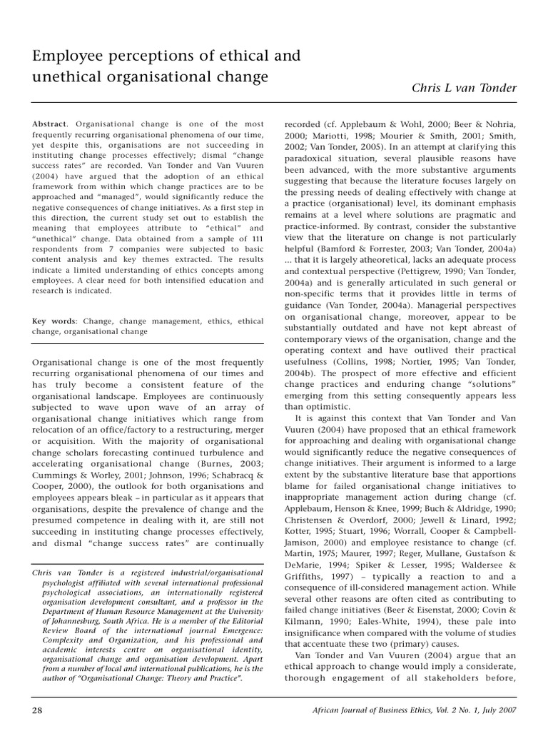 Van Tonder CL (2007) Employee Perceptions of Ethical and Unethical ...