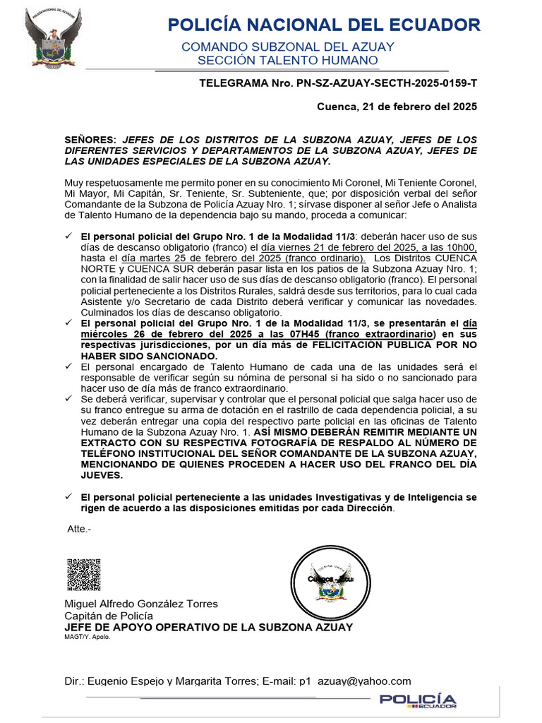 Telegrama Nro. PN SZ Azuay Secth 2025 0159 T Salida Francos 1 - Firmado ...