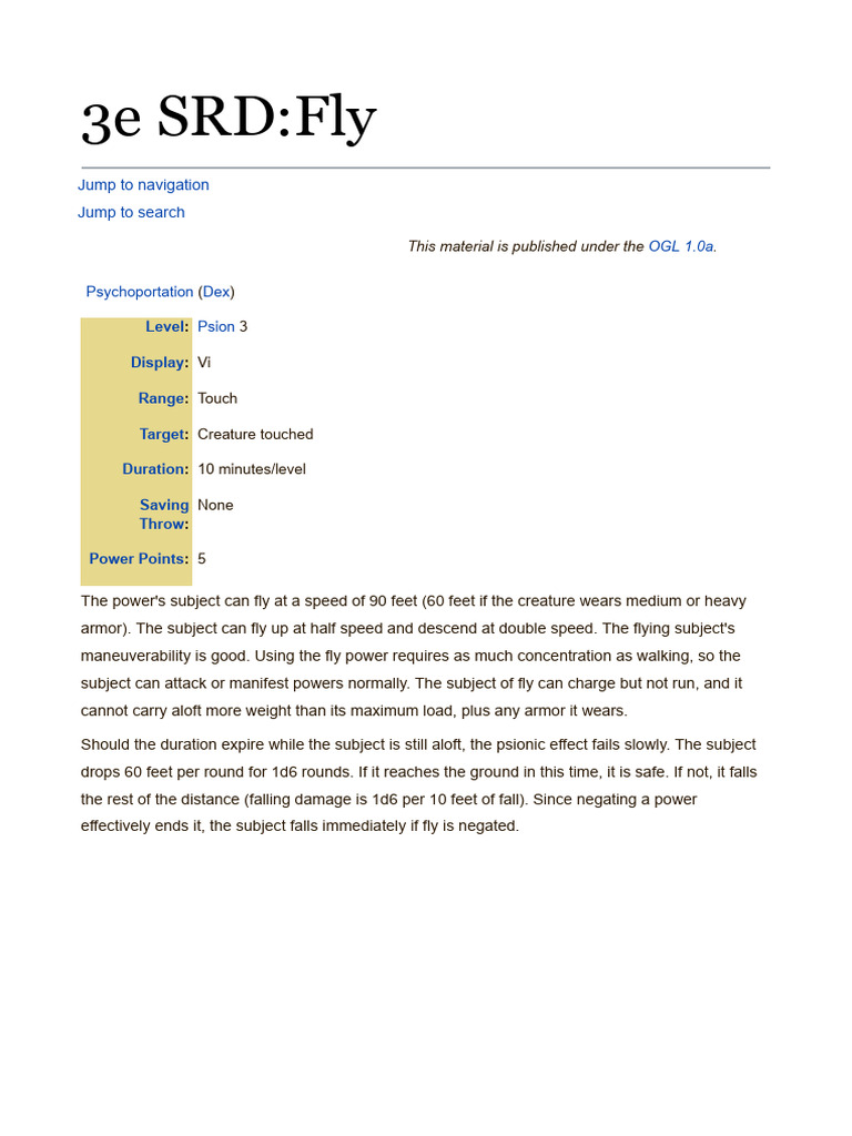 Psionic Fly Power Overview | PDF