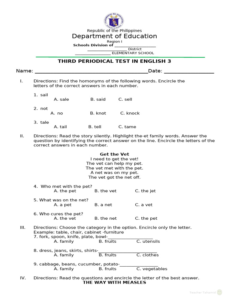 English 3 Third Periodical Test | PDF