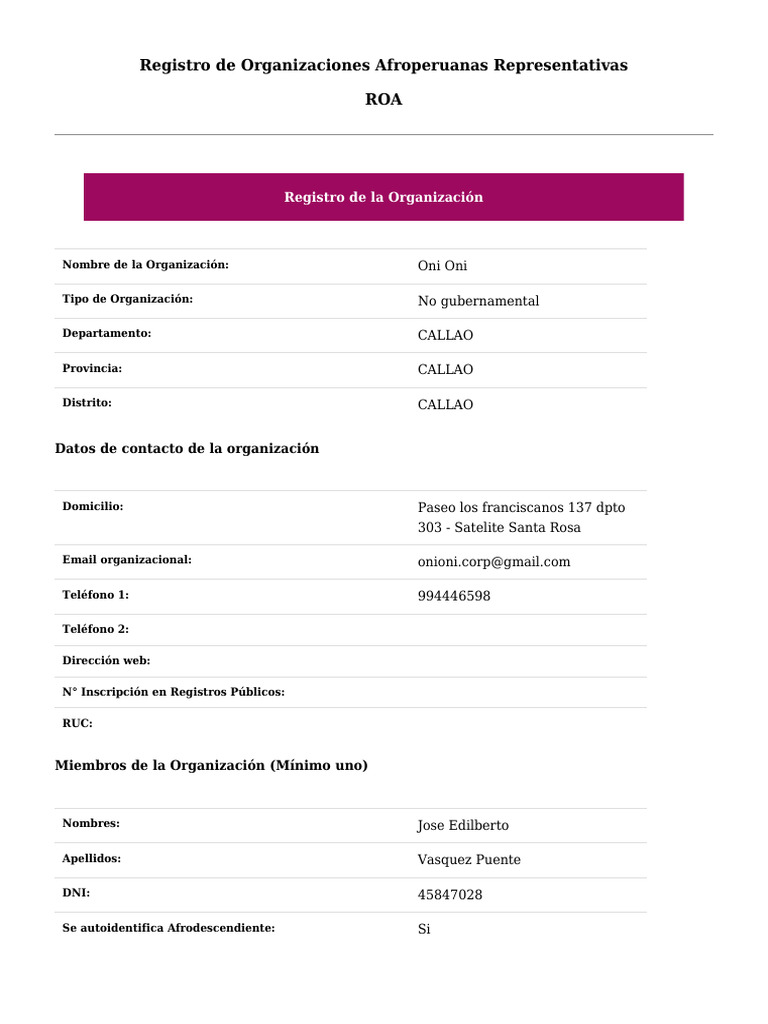 Registro de la ONG Oni Oni en Callao | PDF