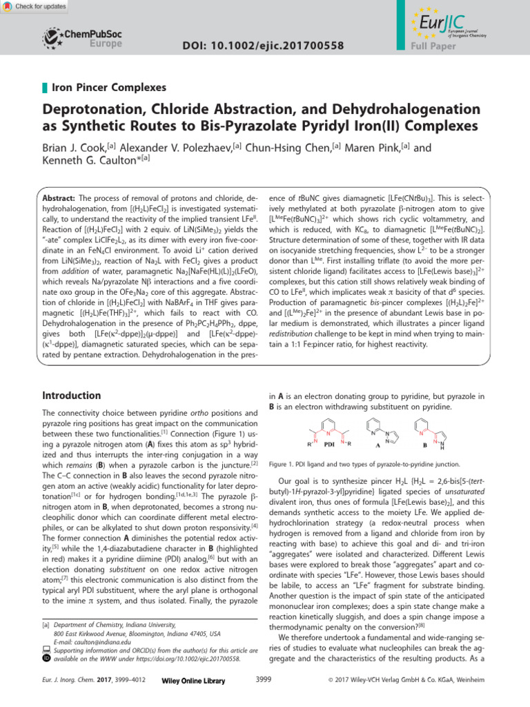 Eur J Inorg Chem - 2017 - Cook - Deprotonation Chloride Abstraction and ...