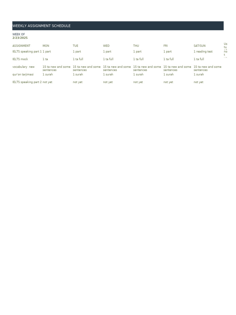 Weekly IELTS Assignment Schedule | PDF