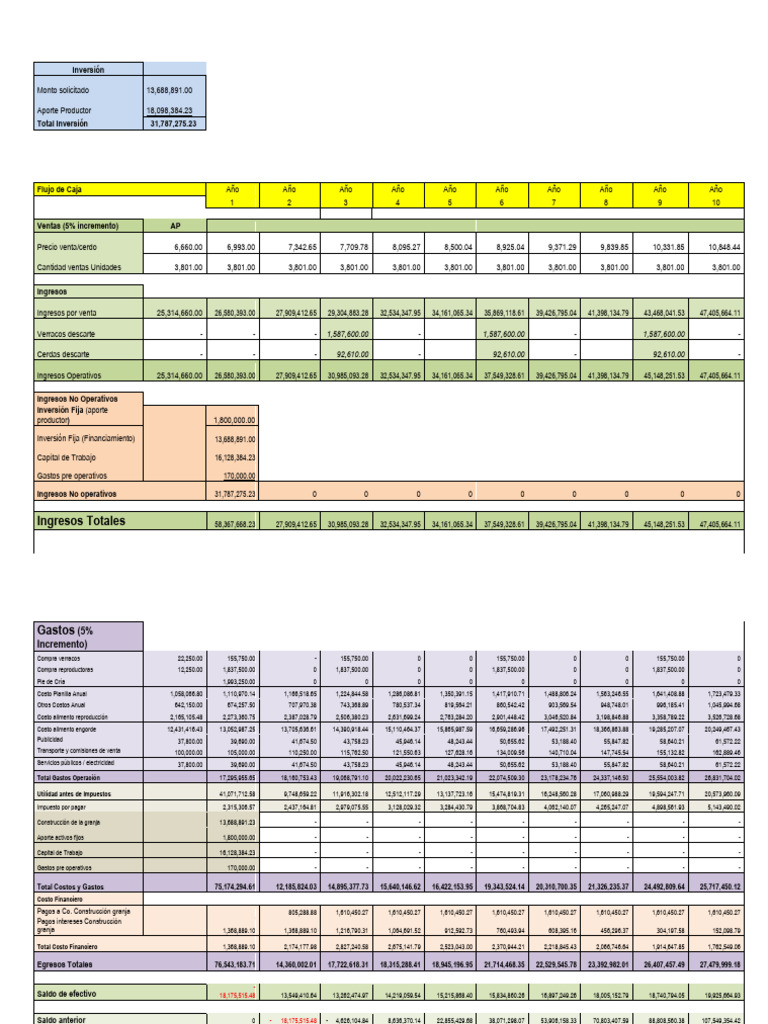 Flujo de Caja Proyectado Proyecto Porcino | PDF | Flujo de efectivo ...