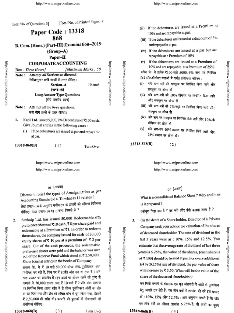 Bcom Hons Part 3 Corporate Accounting 13318 2019 | PDF