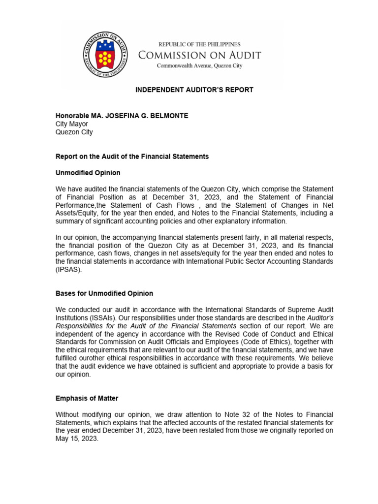 Quezon City 2023 Financial Audit Report | PDF | Audit | Going Concern