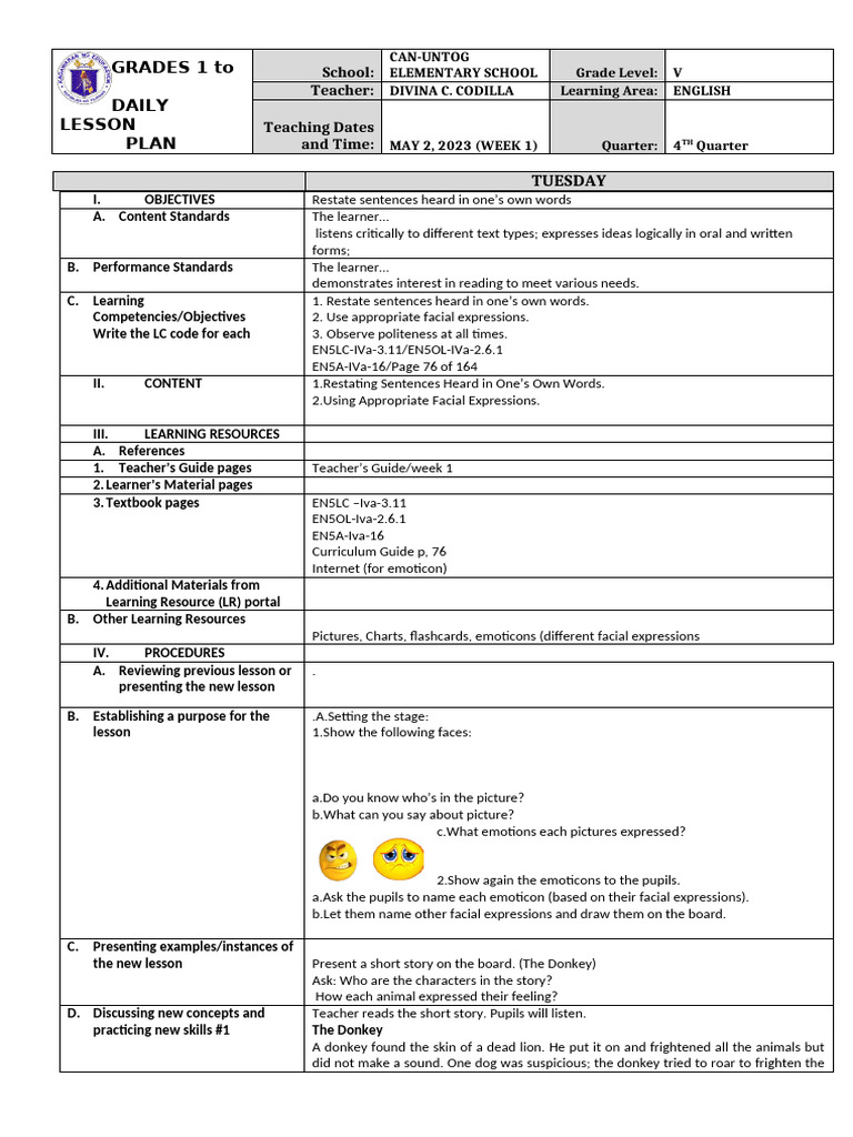 Grade 5 English Daily Lesson Plan | PDF | Teachers | Learning