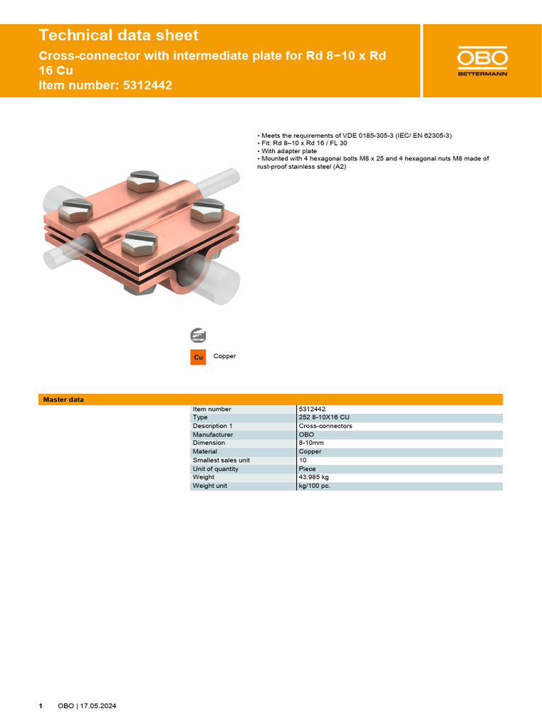 Technical Data Sheet: Cross-Connector With Intermediate Plate For RD 8 ...