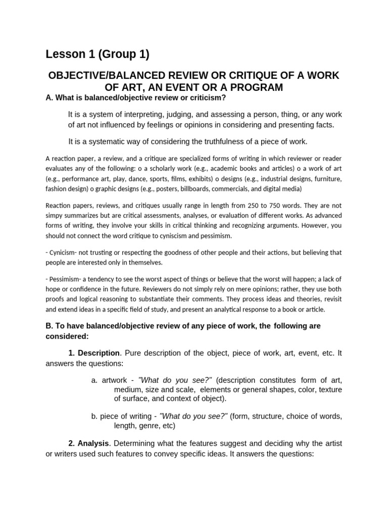 Objective Art Review and Critique Guide | PDF | Composition (Visual ...
