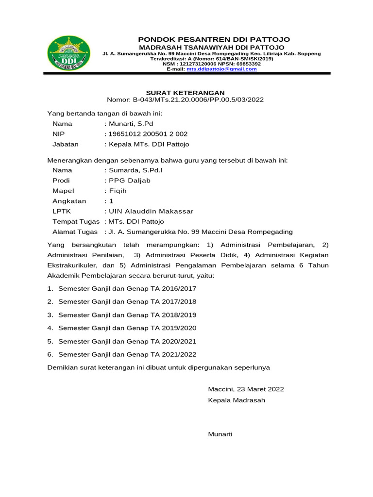 CTH Surat Keterangan Untuk RPL Komponen 4 Administrasi Pembelajaran | PDF