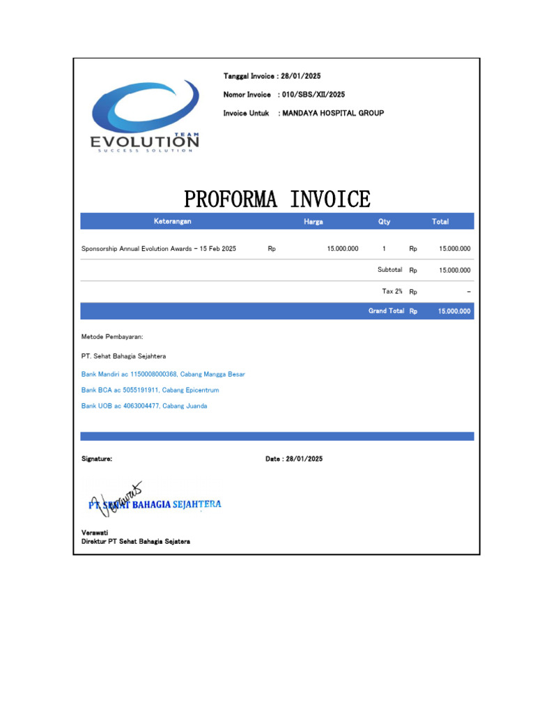 Proforma Invoice Sponsorship - RS Mandaya Group - Annual Award 15 Feb ...