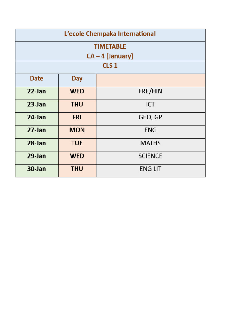 CA 4 Timetable - CLS 1 | PDF