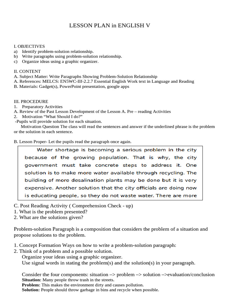 Problem-Solution Paragraph Lesson Plan | PDF | Lesson Plan | Cognition