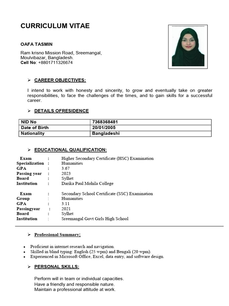 Oafa Tasmin's Professional CV | PDF