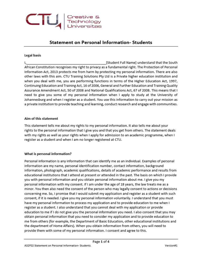 A18F02-AD Statement On Personal Information - Students | PDF | Consent ...