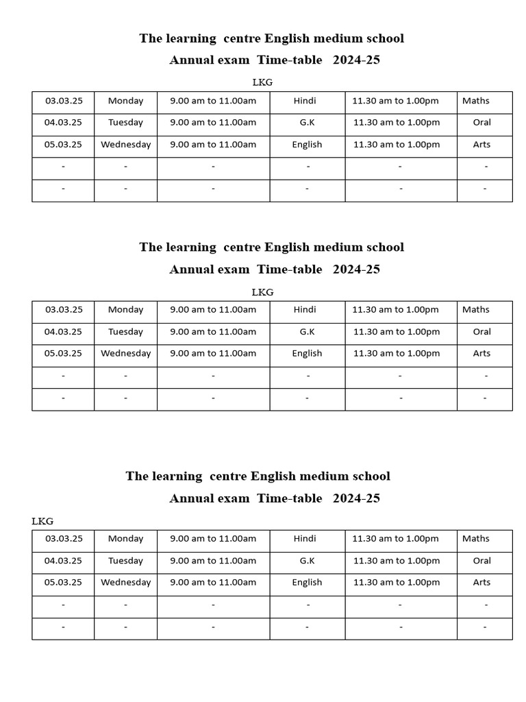 LKG Annual Exam Timetable 2024-25 | PDF