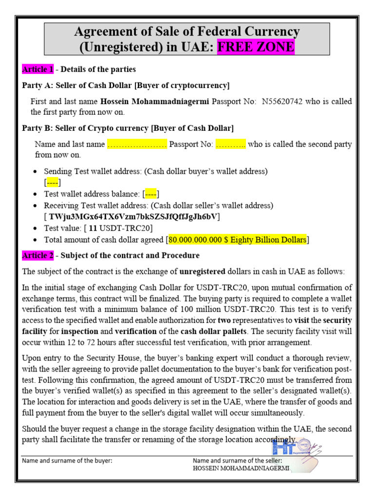 Draft-N-V01 Agreement of Sale of Federal Currency (Unregistered) in UAE ...