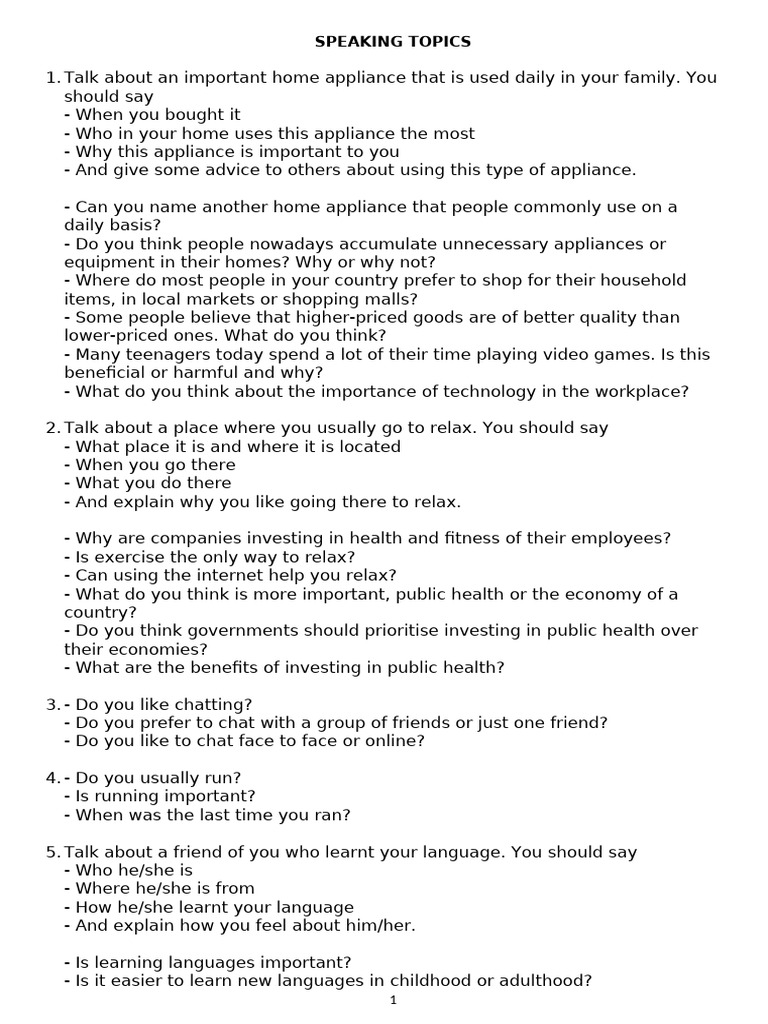 Engaging Speaking Topics for Discussion | PDF