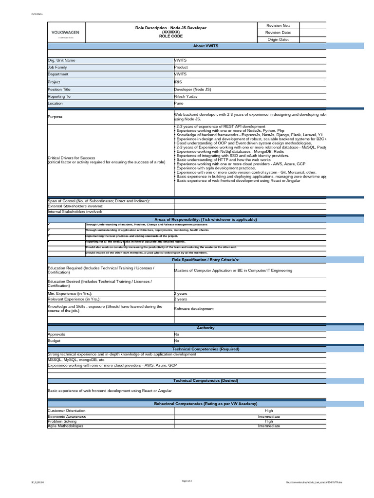 Node JS Developer Role Specification | PDF