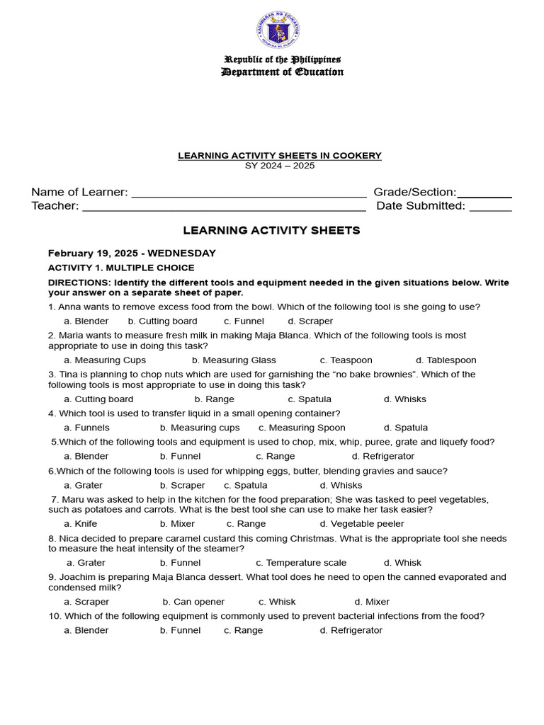 Cookery Learning Activity Sheets 2024-2025 | PDF | Desserts | Sauce