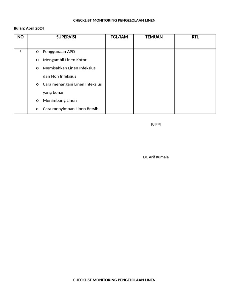 Checklist Pengelolaan Linen 2024 | PDF